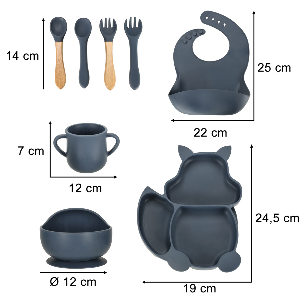 Silikonski Posuđe za Djecu, Set od 9 Komada Tamno Plavi Squirrel
