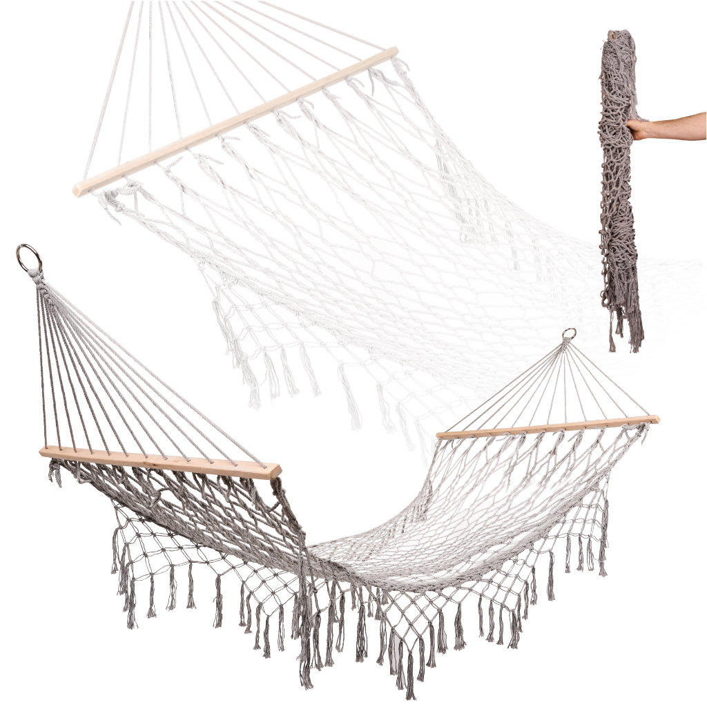Boho vrtni viseći ležaljka s resicama - 200 cm siva